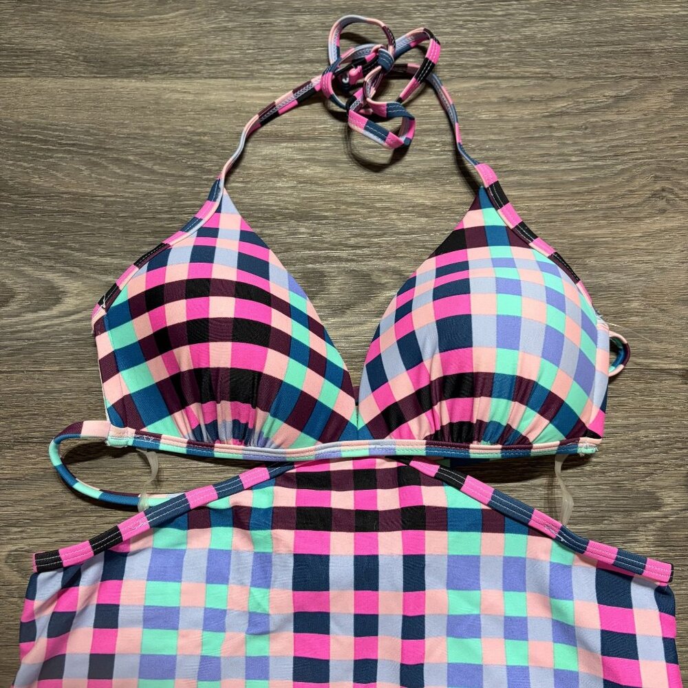 Hula Honey Plaid Tankini Halter Top Medium Preppy Swim Wear Bathing Suit - Picture 2 of 11